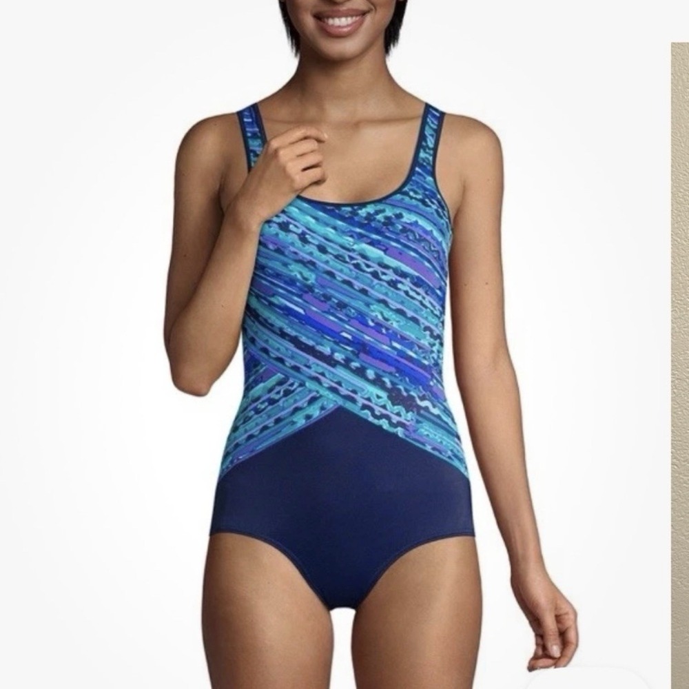 Lands End Aqua Navy Blue One Piece Soft Cup Tugless Sporty Swimsuit Size‎ 14 - Picture 2 of 12